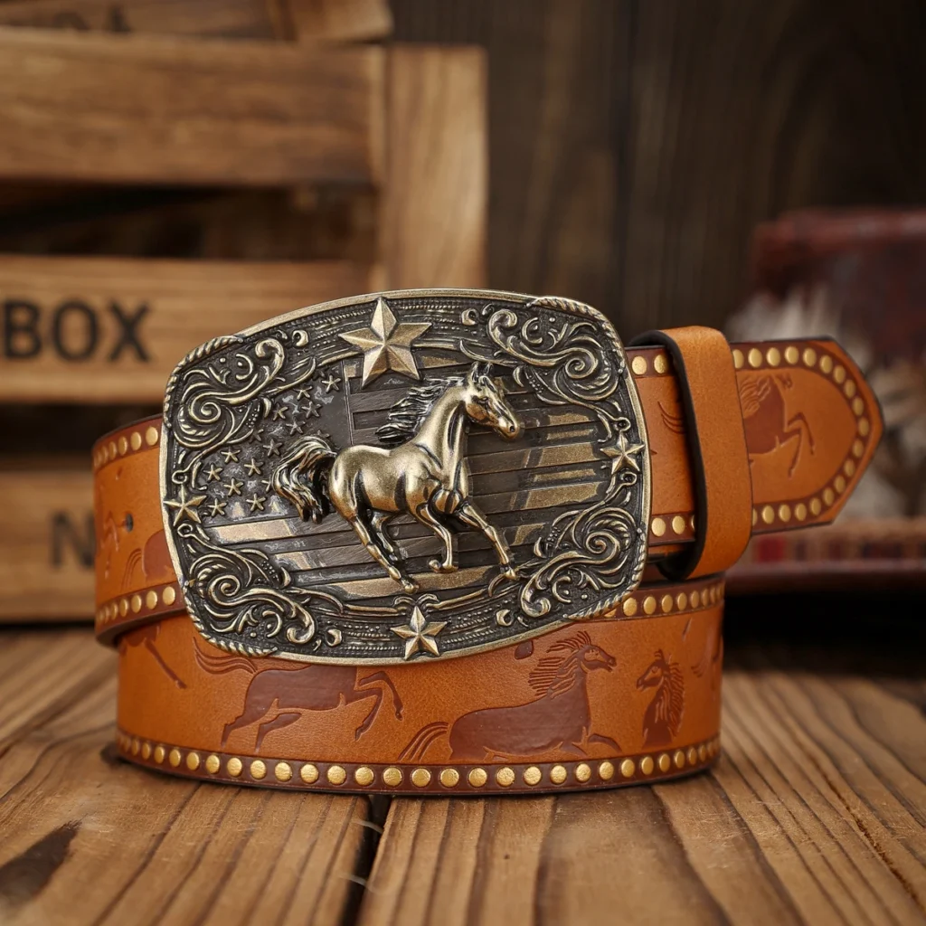 vintage style western rodeo cowboy belt for men, pu leather alloy horse buckle, size 30 42 inches