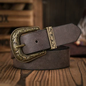 men women western denim pu leather belt vintage jeans with floral carved buckle belt