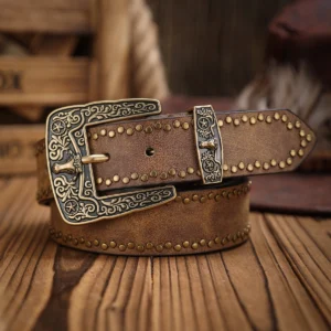 western cowboy rodeo pu leather belt – vintage floral carved heavy duty buckle – size 27 42 inch